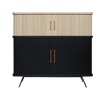 G1461_BUFFET 4 portes façon rideau poignée cuivrée piétement acier noir chêne blanchi et noyer naturel sur mesure fabrication française Rennes
