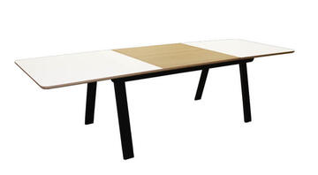 G1530_Table de repas rectangulaire dessus fénix design industriel vintage bois massif coins arrondis allonge synchronisée personnalisable sur mesure2