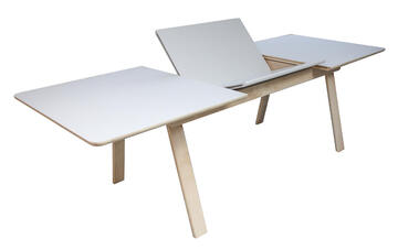 G1571_Table frêne blanchi fénix blanc bois massif 1 allonge papillon ouverture synchronisée pied tréteau sur mesure fabrication française Pirotais