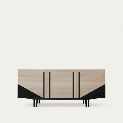 GA1155_Buffet 3 portes_GATSBY chêne blanchi et wengé noir pied métal bateau doublé stries sur portes baguettes en surépaisseur made in France sur axe Rennes Avranches