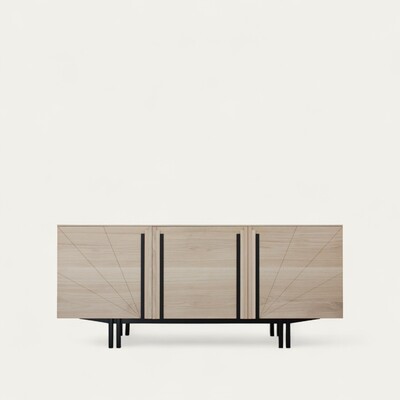 GA1155_Buffet 3 portes_GATSBY-chêne blanchi pied métal bateau doublé stries sur portes baguettes en surépaisseur made in France sur axe Rennes Avranches
