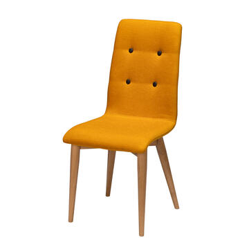 LELYAMB chaise tissu aqua clean jaune tournesol bouton noir piétement chêne rond conique personnalisable divers revêtements et piétements made in France