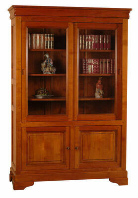 LP177 Bibliothèque Vitrine bas 2 portes haut 2 portes vitrées coulissantes Louis Philippe Merisier massif