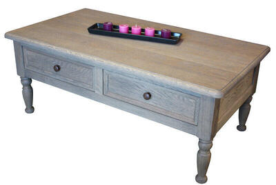 LP2561 Table basse 2 tiroirs en va & vient Chêne flotté (défibré & grisé) bois massif
