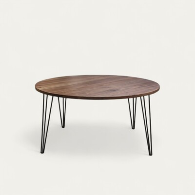 M1725_Table ronde noyer naturel bois massif chant droit pied métal épingle patiné ou laqué noir 8-10 personnes fabrication française Pirotais Romagné