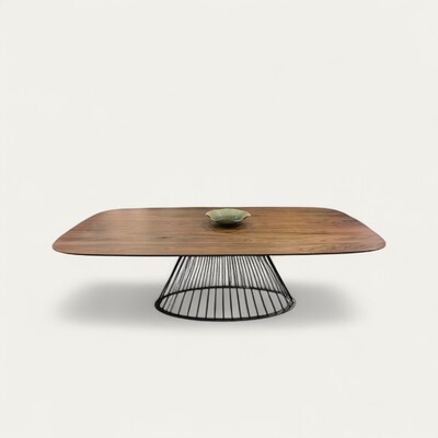 M1745 table ovale noyer naturel bois massif chant biseauté piétement métal cage noir fabrication française Bretagne Rennes Avranches