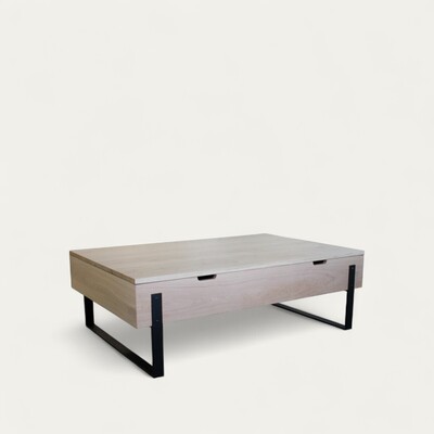M2500_Table basse chêne blanchi bois massif plateau relevant pied métal noir fabrication française sur mesure-