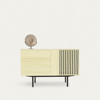 T1154_Buffet 3 tiroirs 1 porte tasseaux Chêne blanchi pied métal bateau laqué noir sur mesure made in France-Photoroom