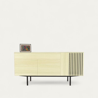 T1170_Buffet 3 portes 1 tiroir_Chêne blanchi pied bateau métal noir personnalisable fabrication française