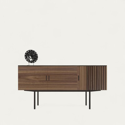T1260_Buffet 3 portes tasseaux noyer naturel et chêne wengé noir massif pied métal bateau laqué noir étagèrs réglables bois fabrication française axe Rennes Avranches