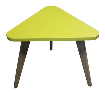 62510_ table basse tripode triangualire_ collection vintage retro année 50 jaune vert bois massif