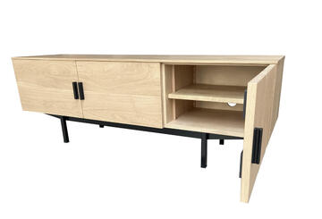 T2562_Buffet TV Tempo 3 portes tasseaux chêne blanchi pied métal noir sur mesure personnalisable made in bretagne Ille et Vilaine