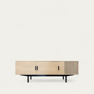 T2562_Buffet TV Tempo tasseaux 3 portes chêne blanchi pied bateau métal noir sur mesure made in Bretagne