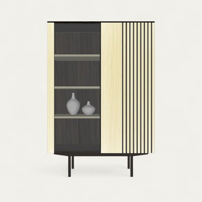 T3484_Armoirette vitrine 1 porte vitrée 1 porte tasseaux CHENE blanchi et wengé noir pied métal bateau noir sur mesure