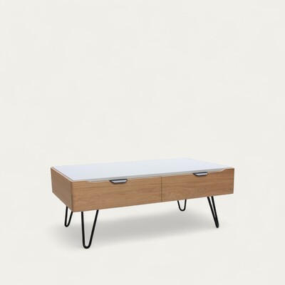 Table basse bridge pied épingle chêne blanchi laqué blanc sur mesure made in france