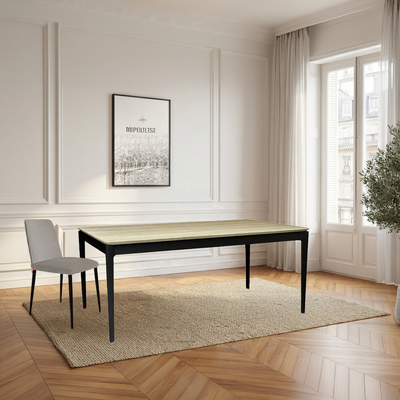 Table bridge chêne blanchi et laqué noir allonge en bout sur mesure made in France