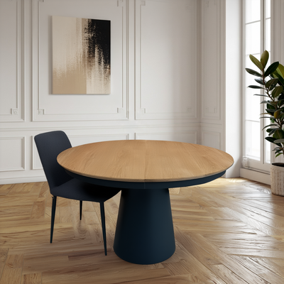 Table ronde avec allonge intégrée pied conique chêne naturel et métal noir