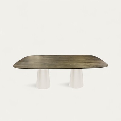 Table ovale 220 plateau noyer naturel biseauté pied double cone forme champignon métal noir sur mesure made in france