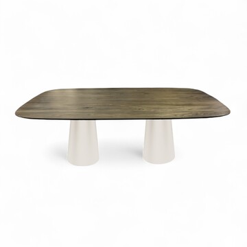 Table ovale 220 plateau noyer naturel biseauté pied double cone forme champignon métal noir sur mesure made in france