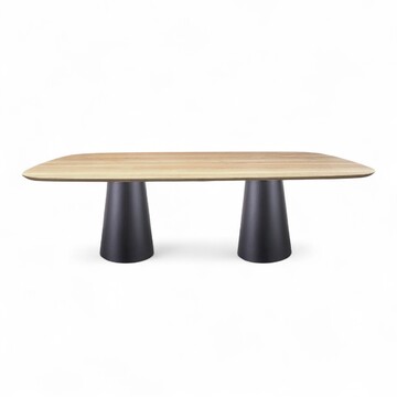Table ovale 250 plateau chêne blanchi biseauté pied cone forme champignon métal noir sur mesure made in france