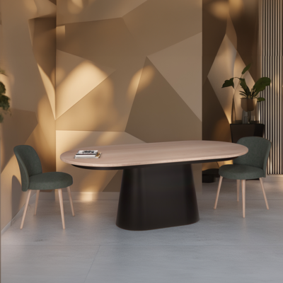 Table ovale forme oblongue chêne blanchi pied conique ovale métal noir sur mesure made in france