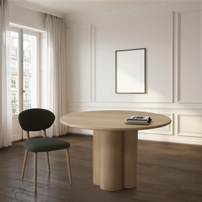 Table ronde Nova chêne blanchi pied trèfle toute dimension made in Bretagne
