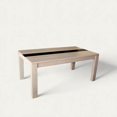 Table solstis chêne blanchi 1 allonge en bout insert verre laqué noir made in france