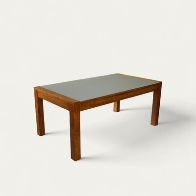 Table sosltis merisier et verre laqué 1 allonge papillon en bout fabrication française