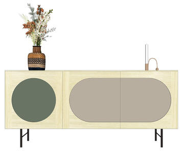 U1160_Buffet 3 portes chêne blanchi et laqué vert Egypte et gris_décor rond et ovale_pied métal noir_sur mesure made in Bretagne_Pirotais Meubles