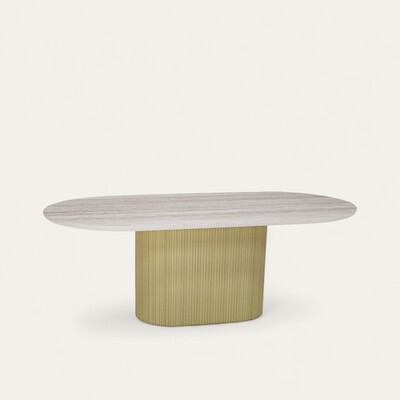 U1870_Table ovale ublo dessus céramique travertin pied cylindrique ovale cannelé chêne naturel sur mesure made in bretagne