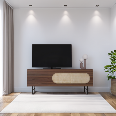 U2250-Buffet TV UBLO noyer naturel et cannge pied métal H personnalisable sur mesure 1200