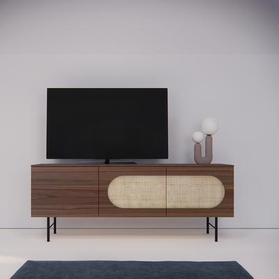 U2261_Buffet TV UBLO 3 portes noyer naturel et cannage pied métal H sur mesure made in france