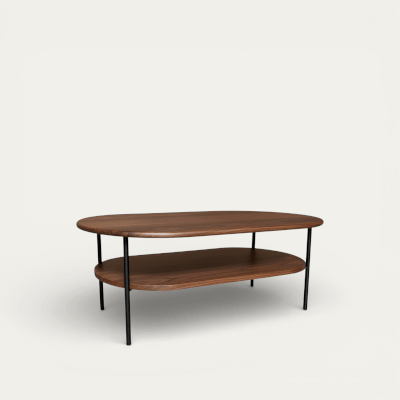 U2571_Table basse Ublo double plateau noyer naturel massif piétement métal noir-