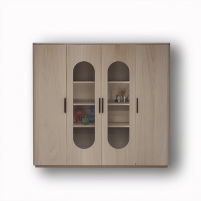 Vaisselier Doble chêne blanchi 2 portes vitrées et 2 pleines côtés arrondis sur mesure made in bretagne Rennes