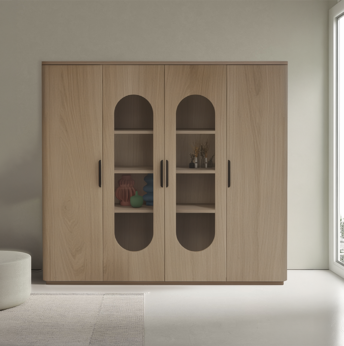 Vaisselier Doble chêne blanchi 2 portes vitrées et 2 pleinescôtés arrondis sur mesure made in bretagne