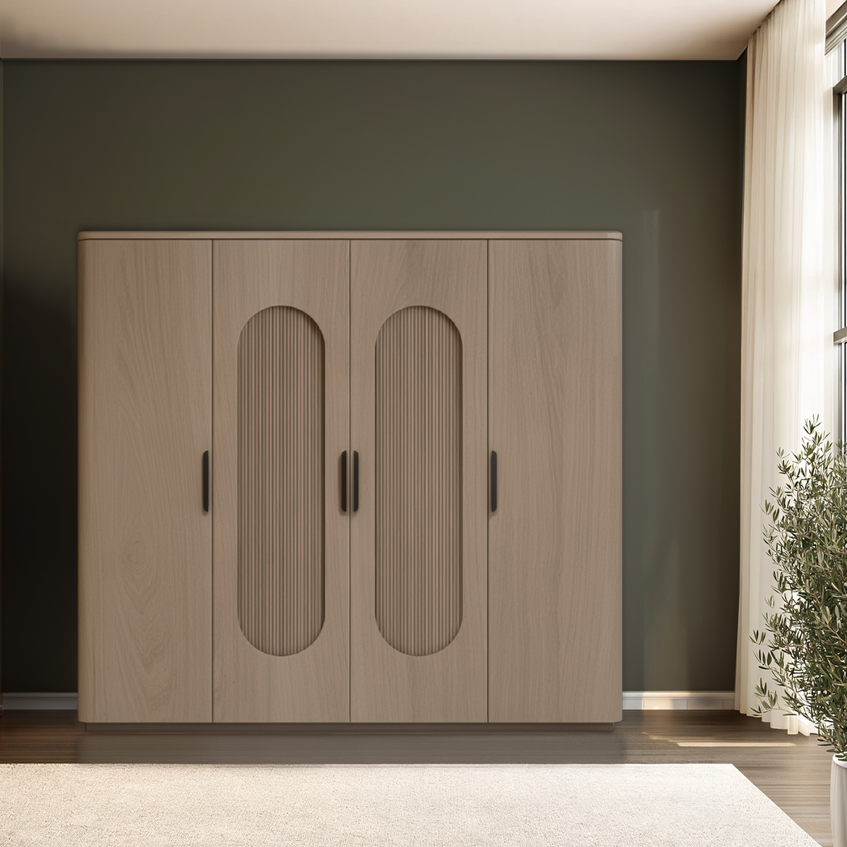 Vaisselier Doble chêne blanchi 4 portes dont 2 cannelées côtés arrondis sur mesure made in bretagne