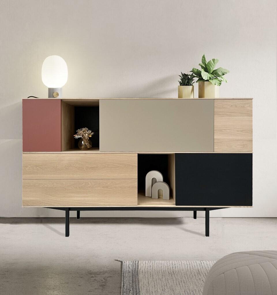 Vaisselier Slim chêne banchi et laqué sienne terracotta pied métal bateau noir
